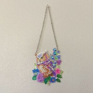 Completed Diamond Art Colorful Beaded Owl Necklace
